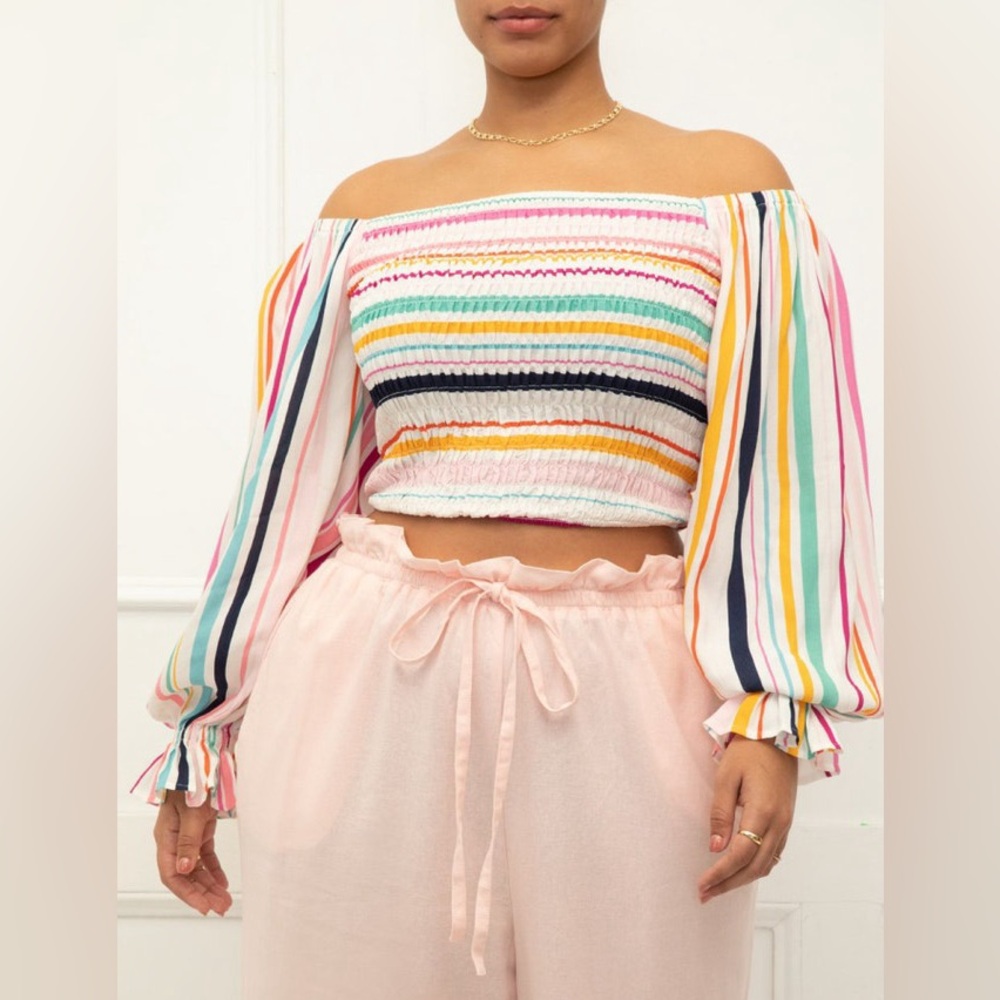 ELOQUII Colorful Rainbow Striped Off the Shoulder Smocked Crop Top NWT